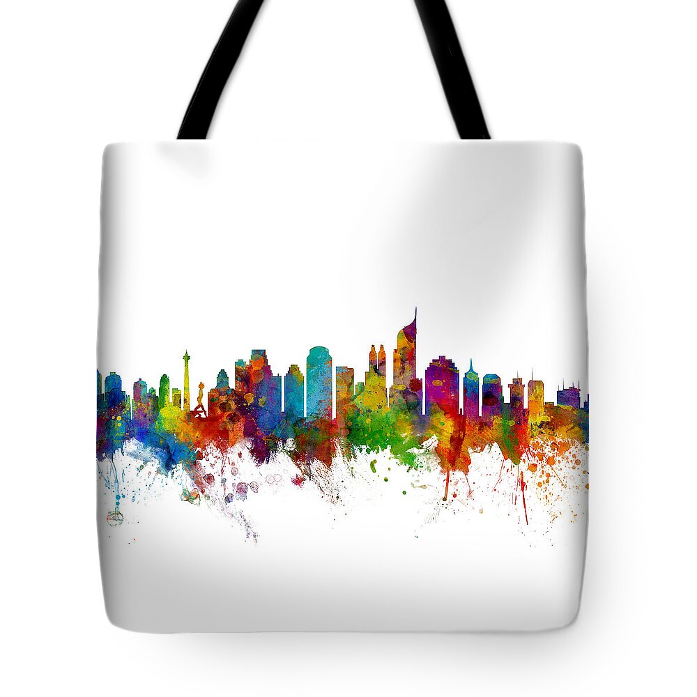 Watercolour Tote Bag featuring the digital art Jakarta Skyline Indonesia by Michael Tompsett