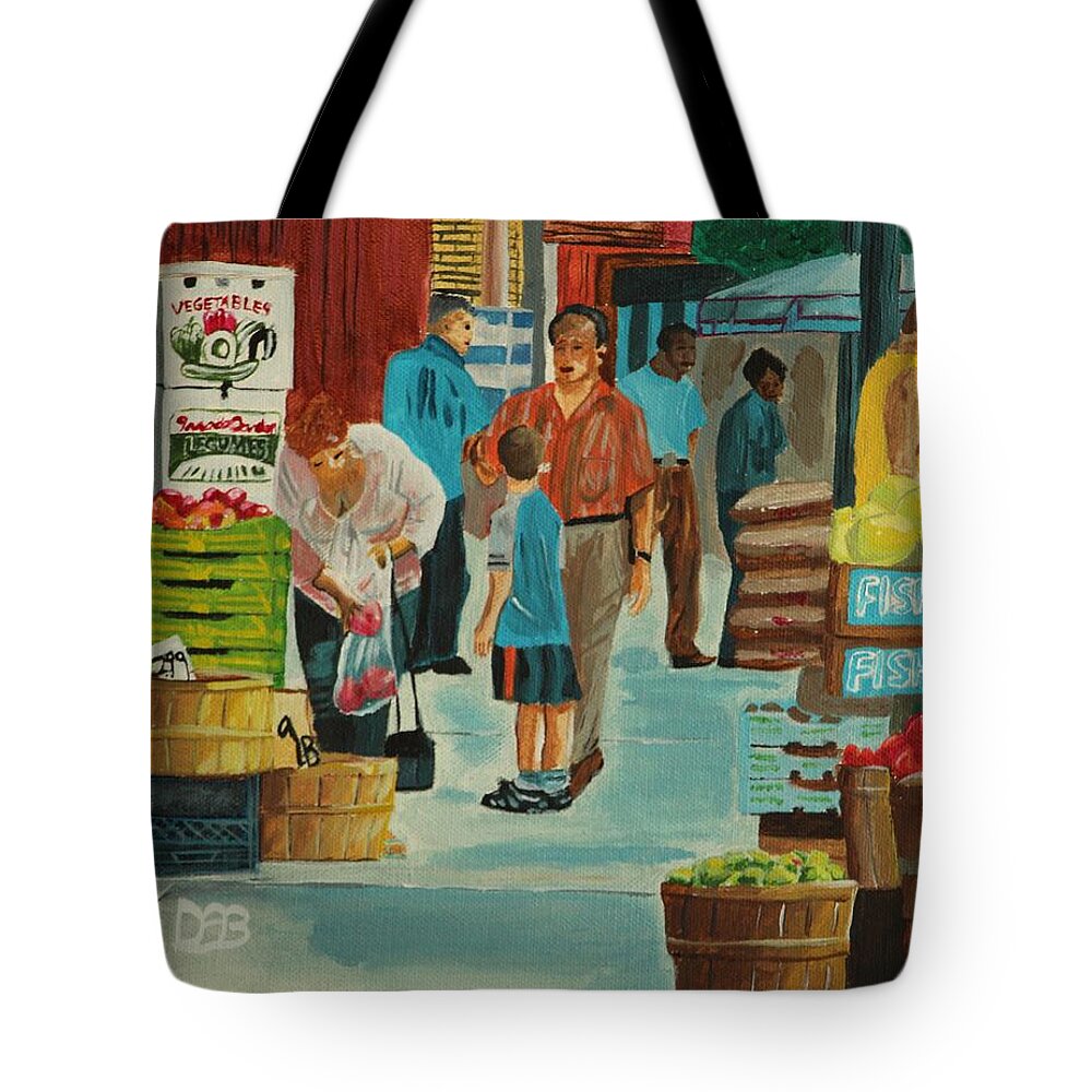 Cityscape Tote Bag featuring the painting Jame St Fish Market by David Bigelow