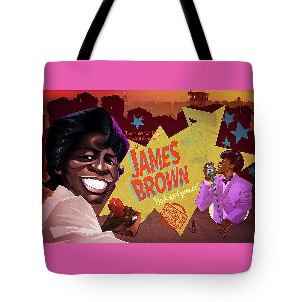 James Brown Tote Bag featuring the drawing James Brown by Nelson Dedos Garcia