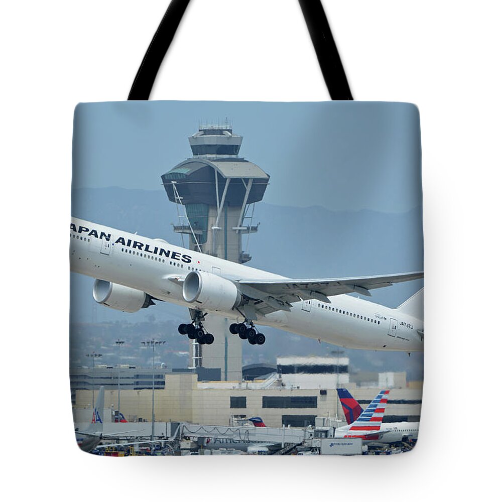 Airplane Tote Bag featuring the photograph Japan Airlines Boeing 777-346ER JA737J Los Angeles International Airport May 3 2016 by Brian Lockett