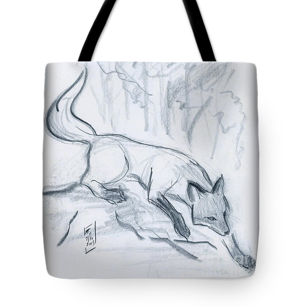 Okami Tote Bag featuring the drawing Japanese Fox Sketch by Brandy Woods