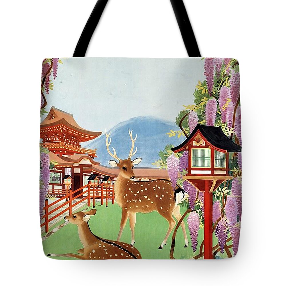 Japan Tote Bag featuring the painting Japanese Garden with Spotted Deer and Violet Blossoms - Vintage Travel Poster - Landscape by Studio Grafiikka