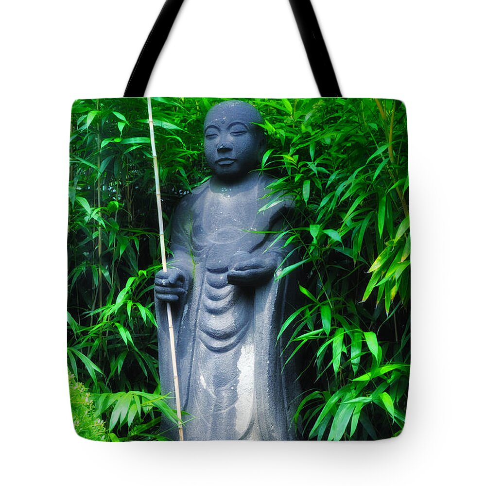 Japanese Tote Bag featuring the photograph Japanese House Monk Statue by Bill Cannon