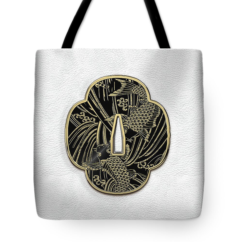'treasures Of Japan' Collection By Serge Averbukh Tote Bag featuring the digital art Japanese Katana Tsuba - Golden Twin Koi on Black Steel over White Leather by Serge Averbukh