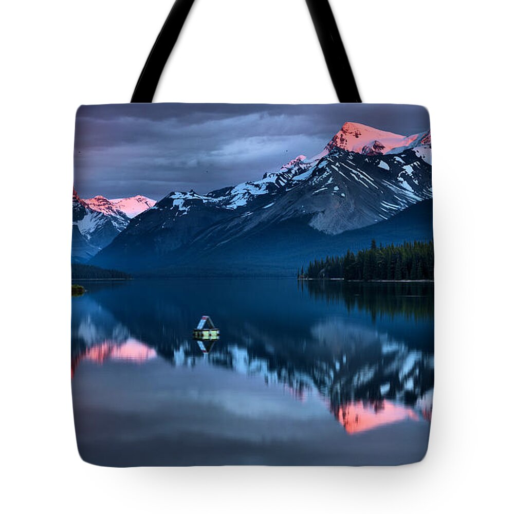 Maligne Lake Tote Bag featuring the photograph Jasper Pink Peaks by Adam Jewell