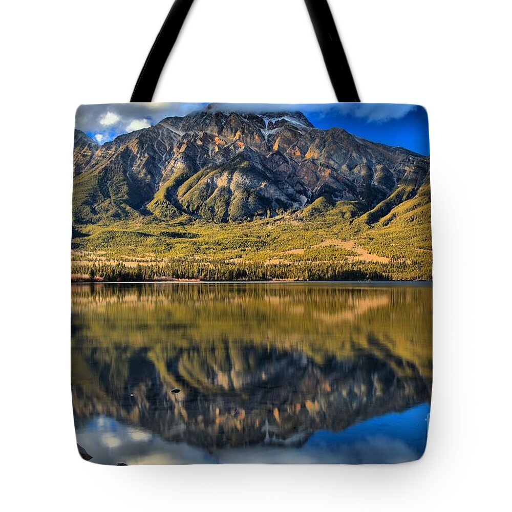 Pyramid Lake Tote Bag featuring the photograph Jasper Pyramid Lake Reflections by Adam Jewell