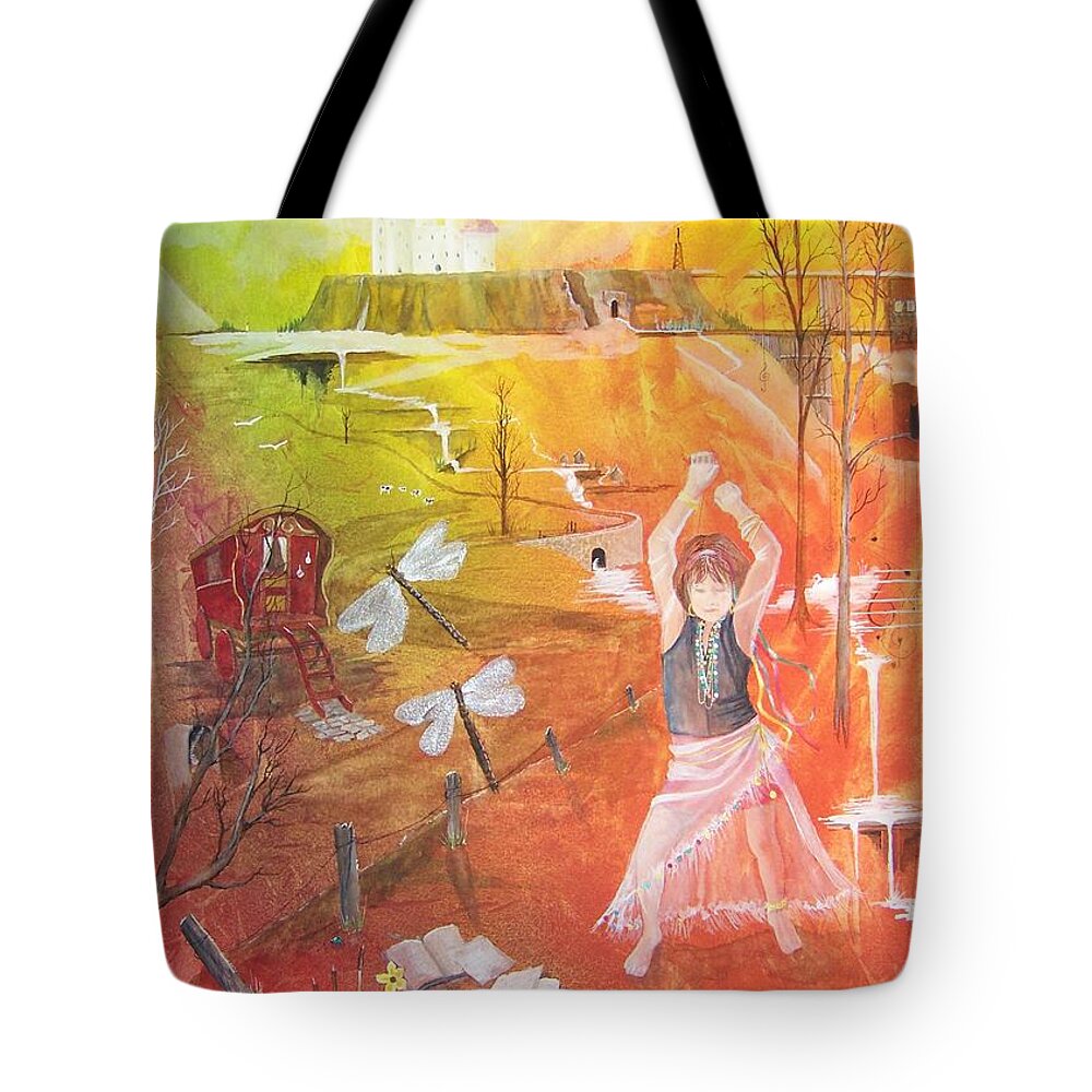 Gypsy Tote Bag featuring the painting Jayzen - The Little Gypsy Dancer by Jackie Mueller-Jones