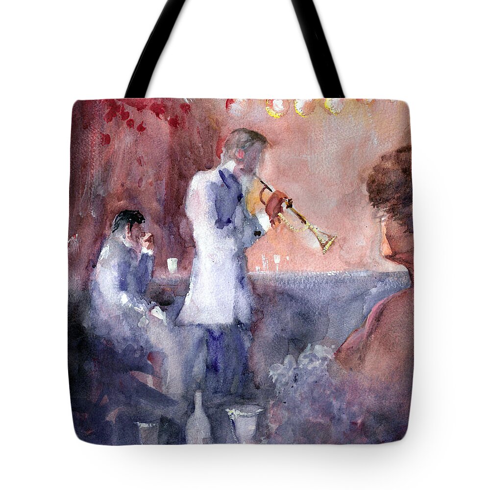 Jazz Tote Bag featuring the painting Jazz Nights by Faruk Koksal