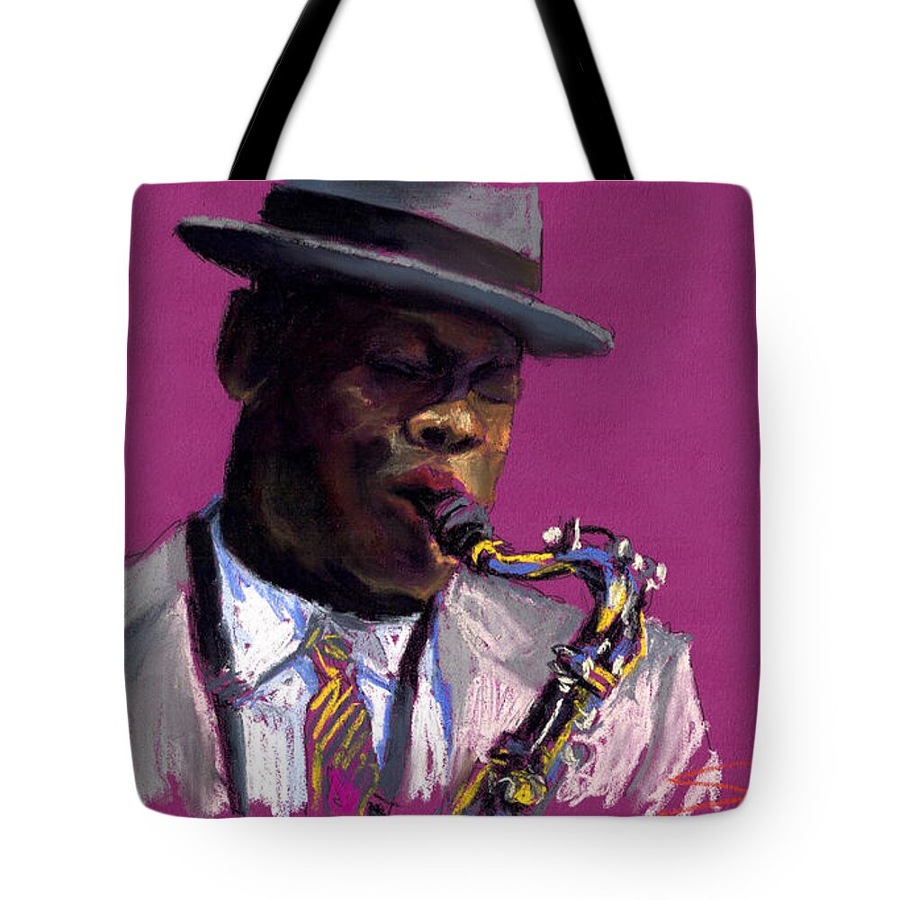 Jazz Tote Bag featuring the painting Jazz Saxophonist by Yuriy Shevchuk