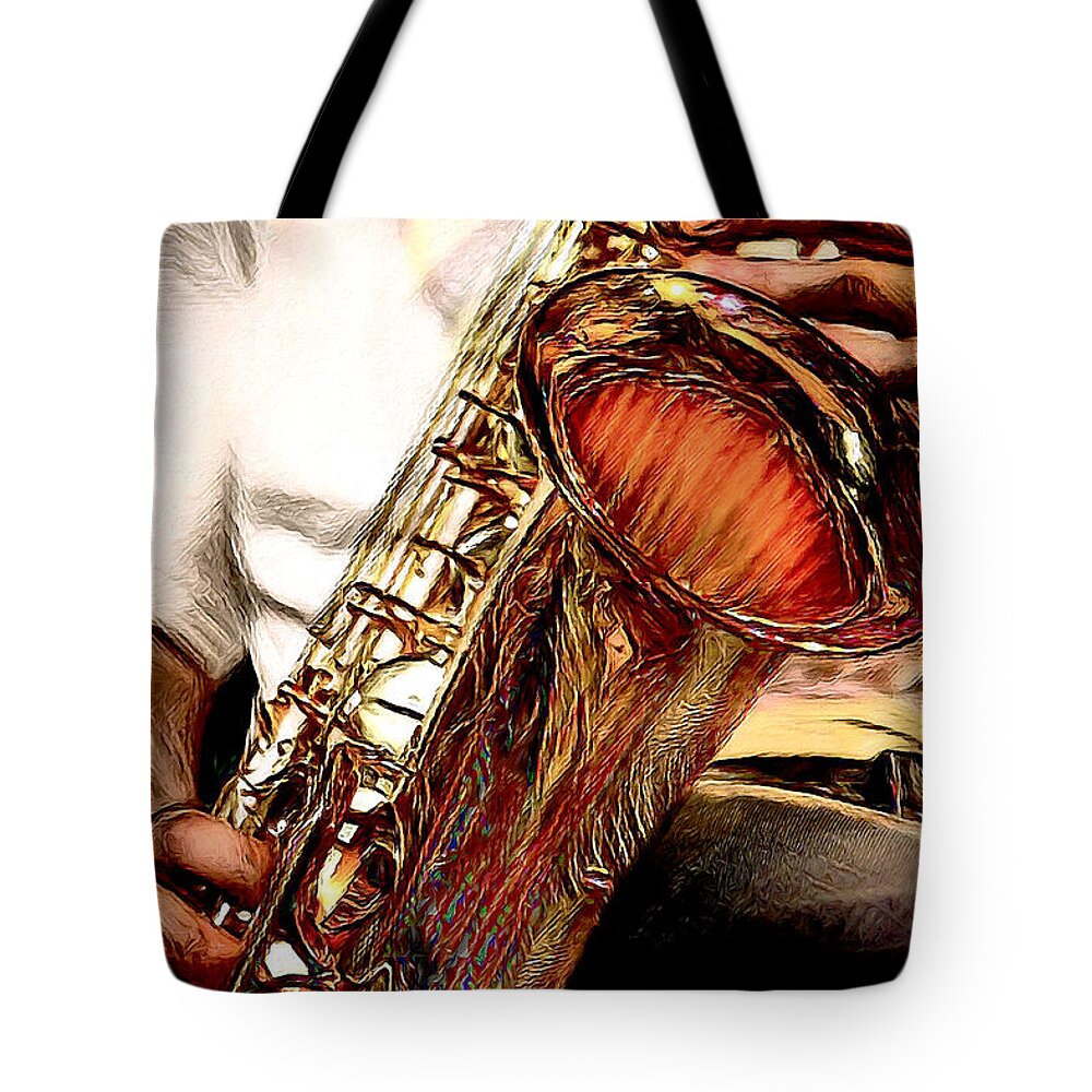 Jazz Tote Bag featuring the digital art Jazzy Sax by Pennie McCracken
