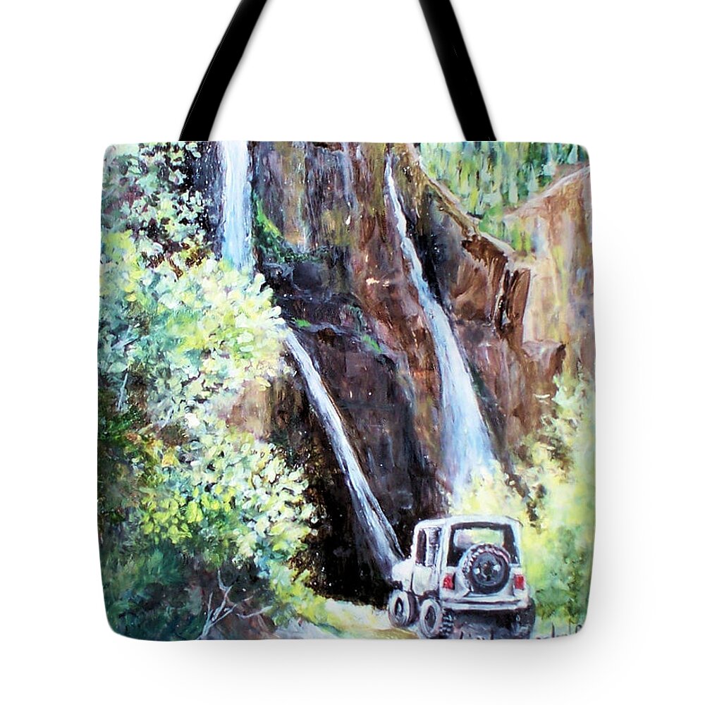 Waterfall Tote Bag featuring the painting Jeeping at Bridal Falls by Linda Shackelford