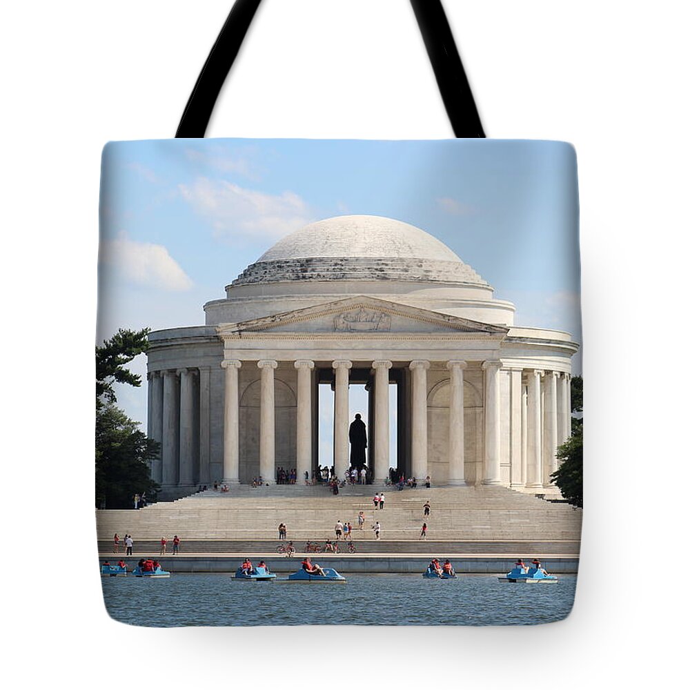 Jefferson Memorial Jeffersonmemorial Washington D.c Dc U.s.a Us America Capital Landmark Us United States Of America Usa Waterfront Water Summer Boats Sculpture Statue Clouds Cloud Sky Blue Green White Beige Reflection Outdoors Nature Landscape View Panorama Sunny Great Beautiful Daytime Lovely Peaceful Nice Fantastic Outstanding City Building Architecture Tote Bag featuring the digital art Jefferson Memorial by Jeanette Rode Dybdahl