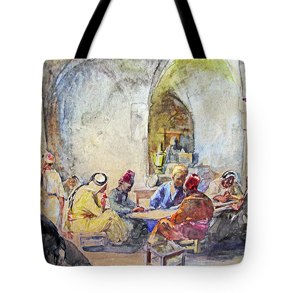 German Tote Bag featuring the painting Jerusalem Cafe by Munir Alawi