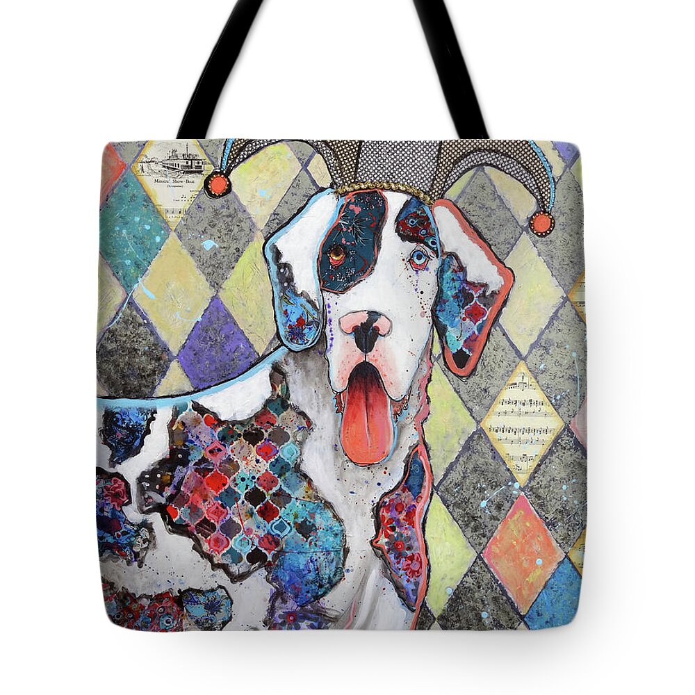 Harlequin Great Dane Tote Bag featuring the painting Jest, I Surely Do by Ande Hall