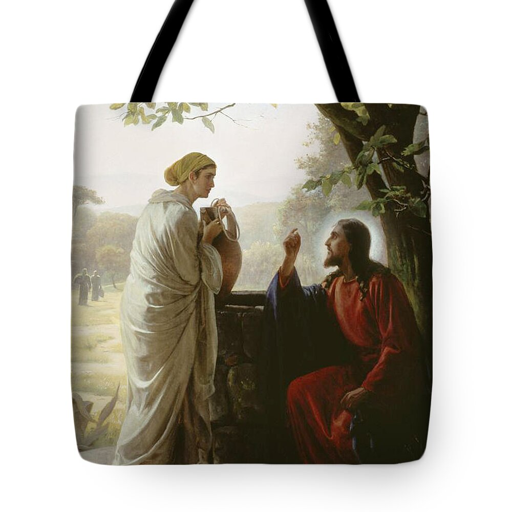 Jesus And The Samaritan Woman At The Well Tote Bag featuring the painting Jesus and the Samaritan Woman at the Well by MotionAge Designs