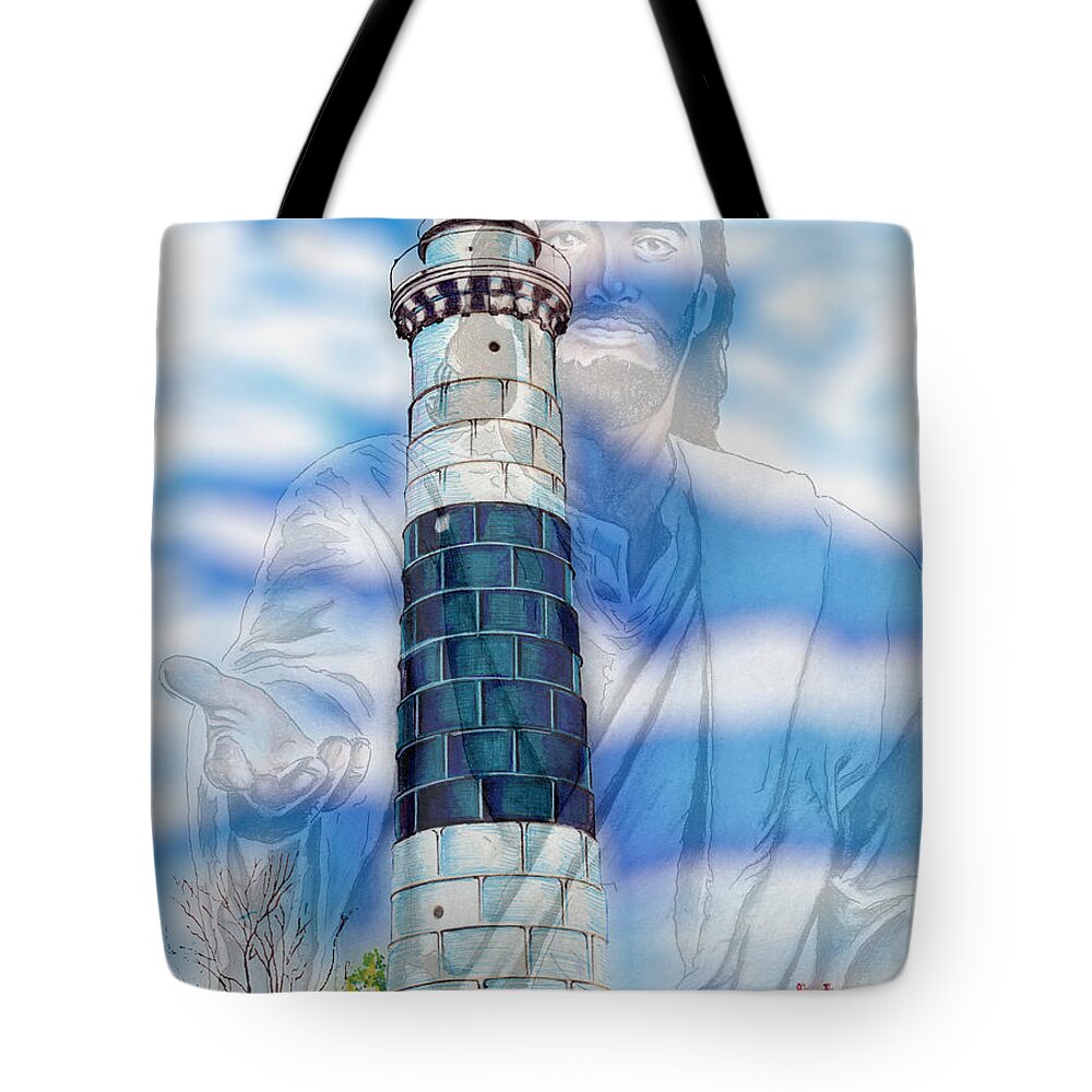 Jesus Tote Bag featuring the drawing Jesus Is the Lighthouse by Bill Richards