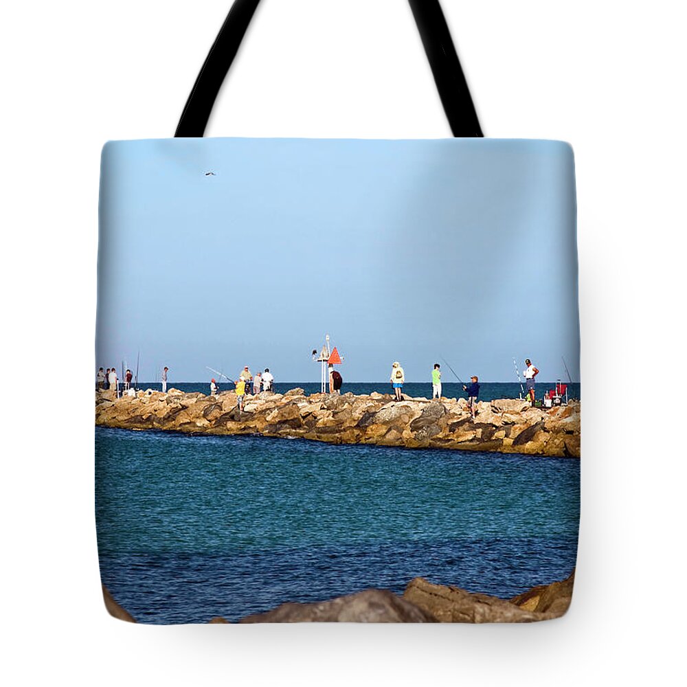 Many People Fishing Tote Bag featuring the photograph Jetty Fishing by Sally Weigand