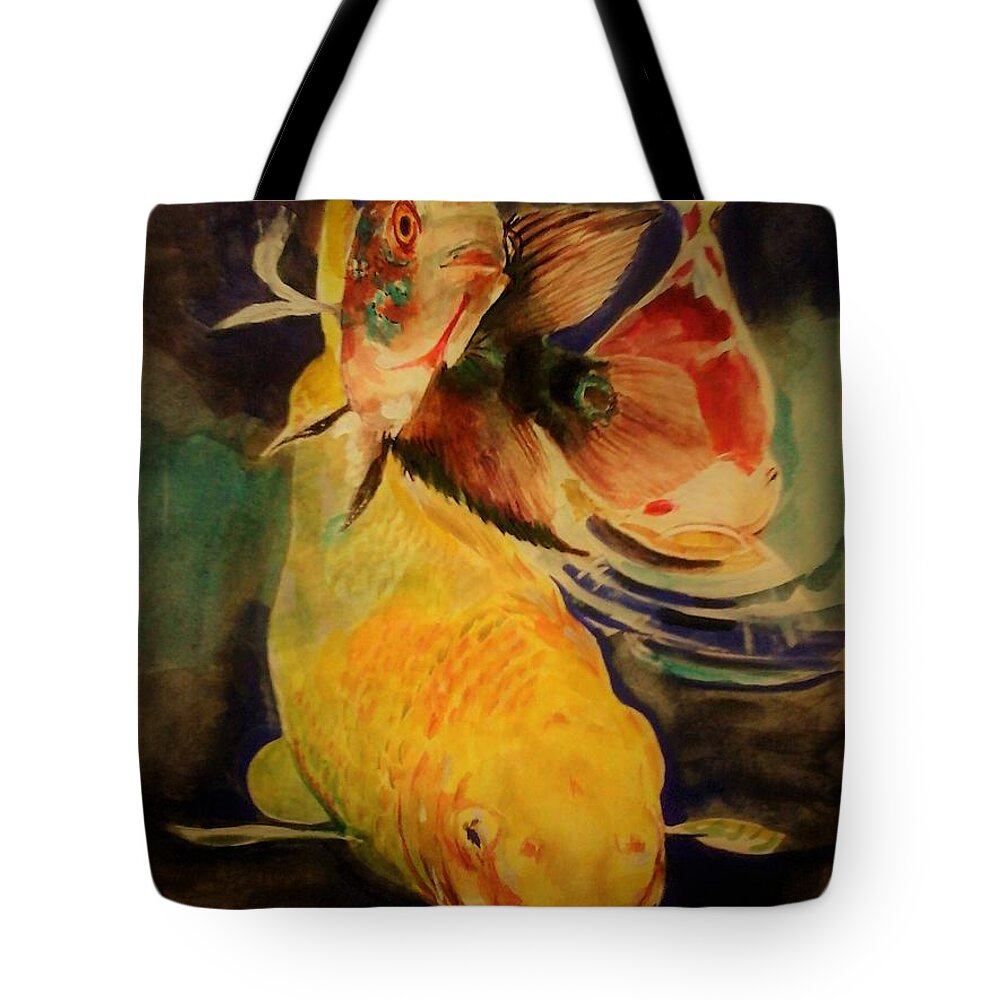 Fish Tote Bag featuring the painting Jewels of lakes. by Khalid Saeed