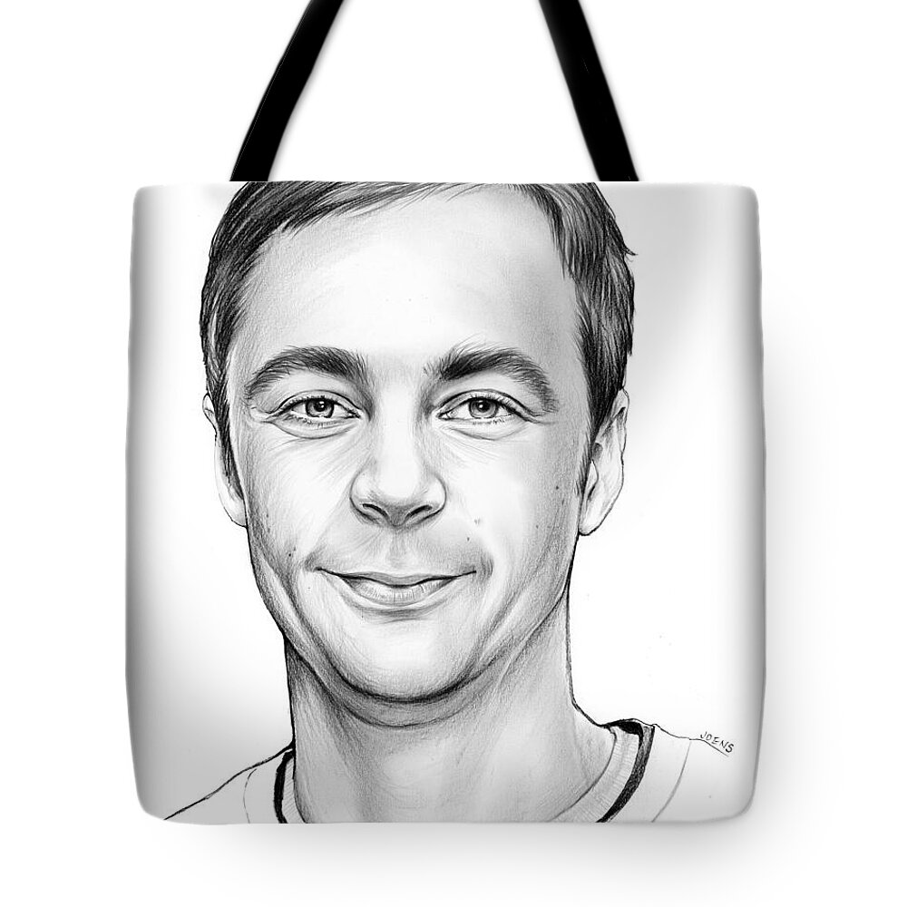 Sheldon Tote Bag featuring the drawing Jim Parsons by Greg Joens