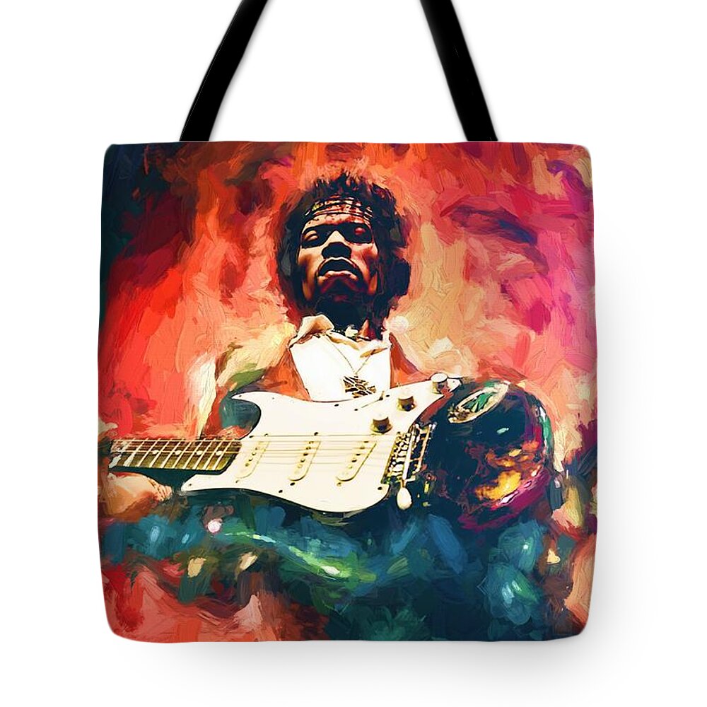 Jimi Hendrix # Hendrix # Pop Star # Rock Star # Music Legend # # Famous People Portraits # Guitar # Guitar Rock # Fender Stratocaster # Psychedelic Music # Woodstock # Voodoo Child # Rock And Roll # Jimi Hendrix Painting # Tote Bag featuring the painting Jimi Hendrix by Louis Ferreira