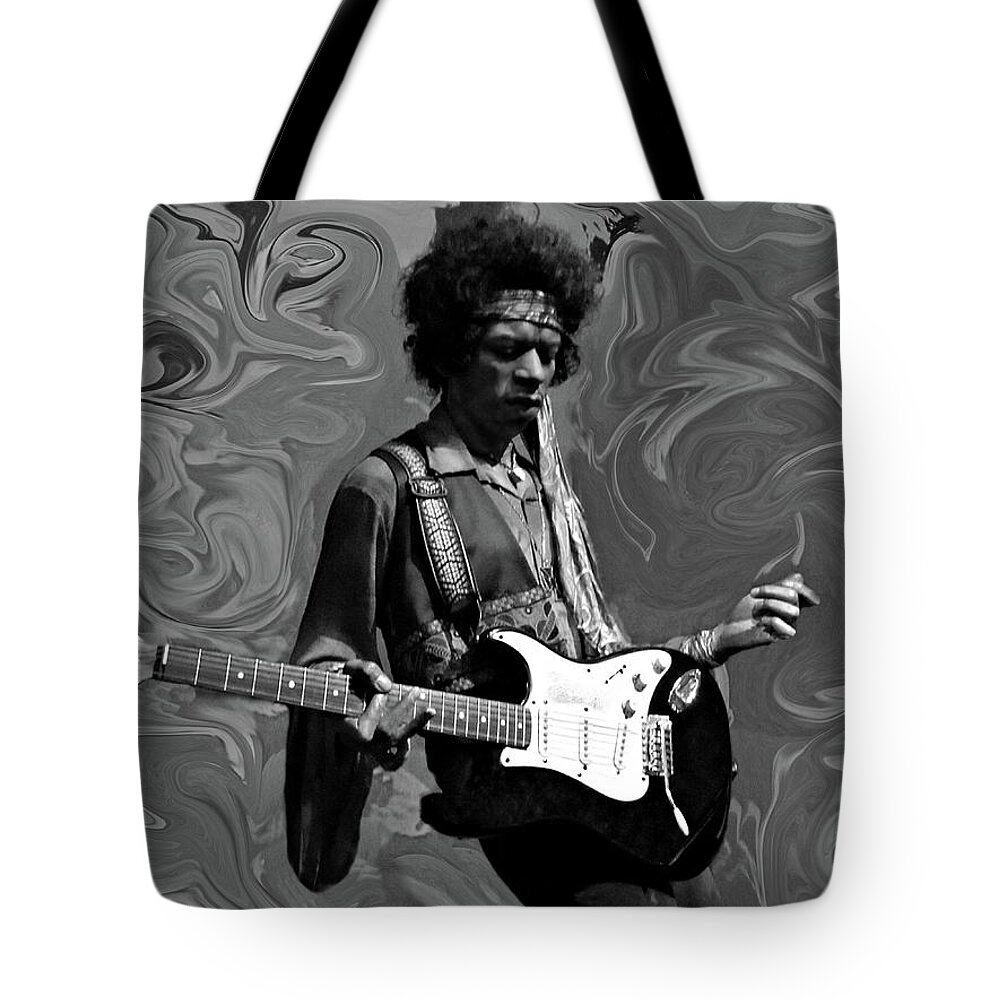 Jimi Hendrix Tote Bag featuring the photograph Jimi Hendrix Purple Haze B W by David Dehner