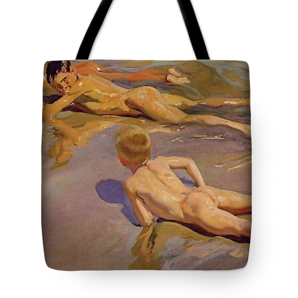 Children On The Beach Tote Bag featuring the painting Children on the Beach by Joaquin Sorolla