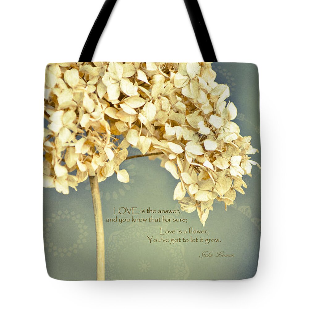 Flower Tote Bag featuring the mixed media John Lennon Love by Trish Tritz