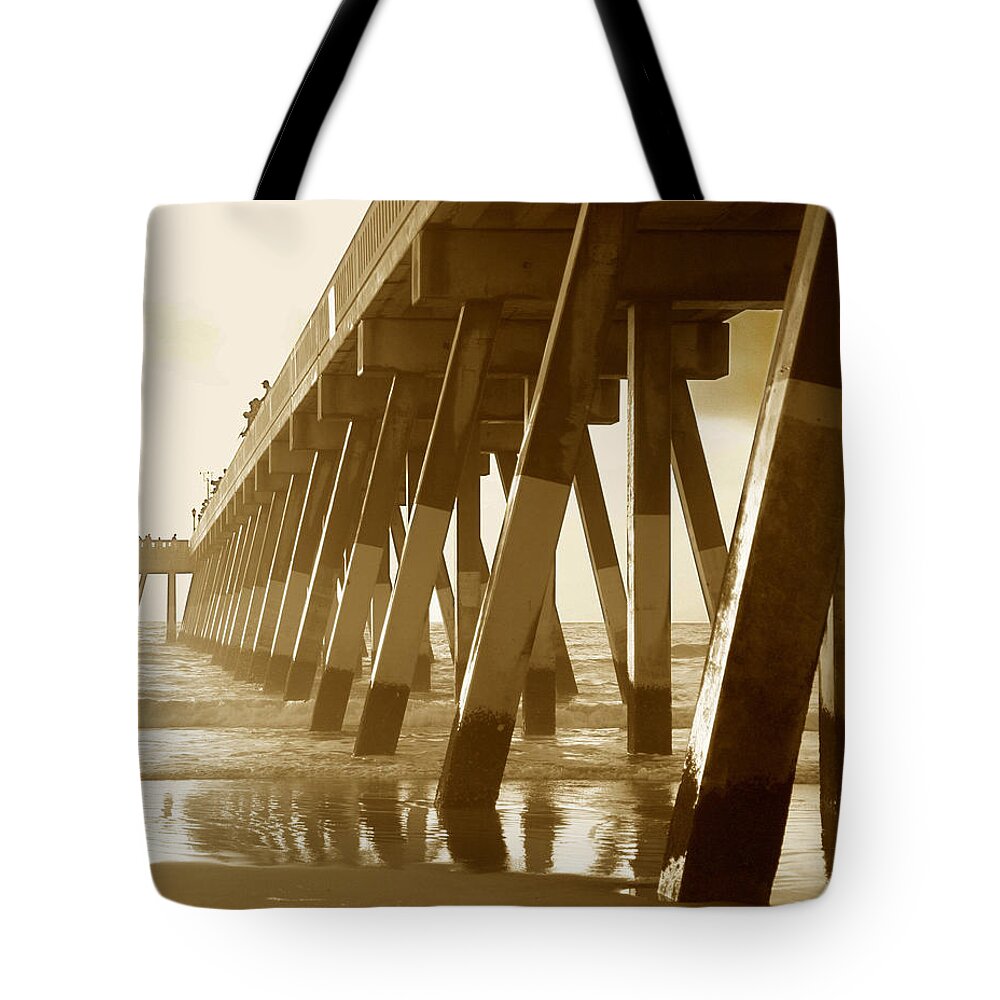Johnny Mercer Pier Tote Bag featuring the photograph Johnny Mercer Pier at Sunrise by Phil Mancuso