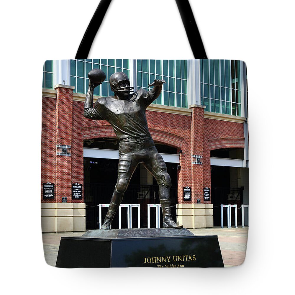 Johnny Unitas Tote Bag featuring the photograph Johnny Unitas Statue outside MT Bank Stadium Baltimore by James Brunker