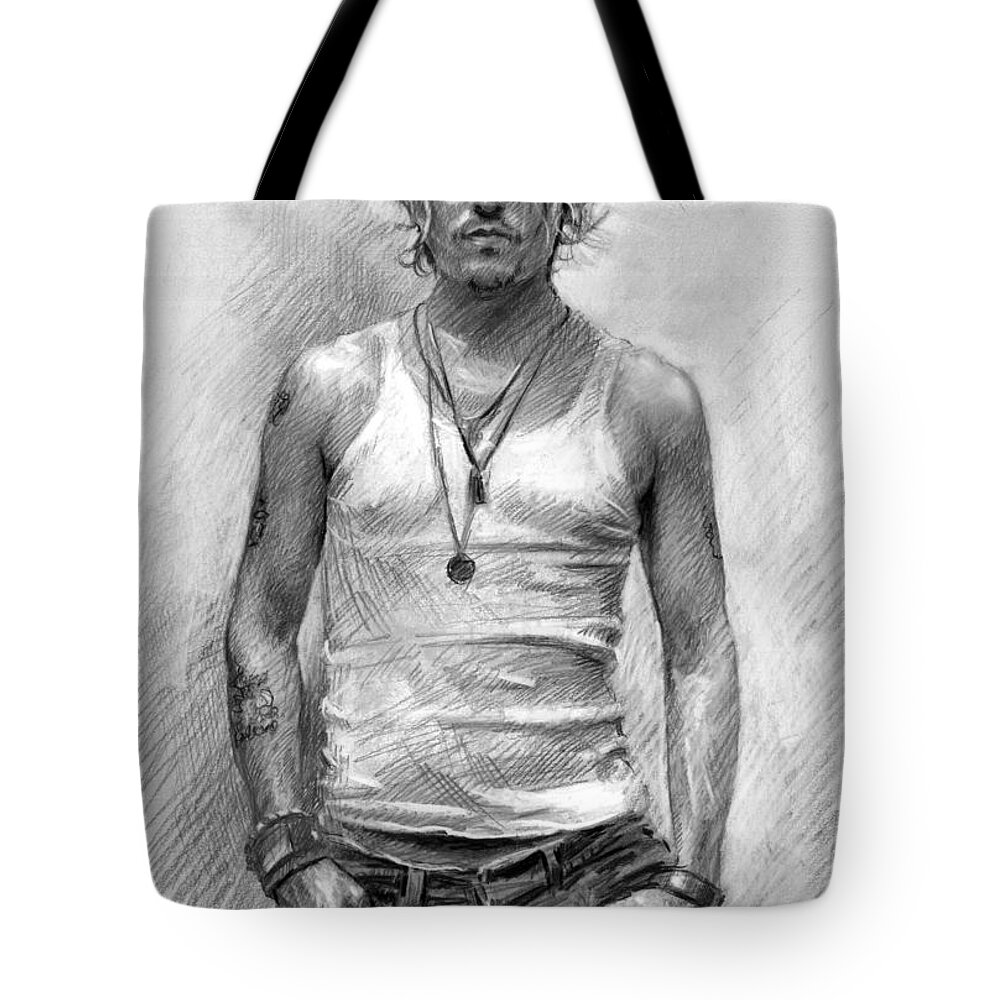 Johny Depp Tote Bag featuring the drawing Johny Depp by Ylli Haruni