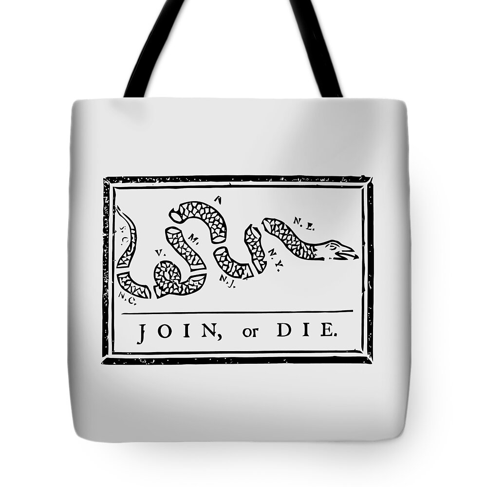 Join Or Die Tote Bag featuring the mixed media Join or Die by War Is Hell Store