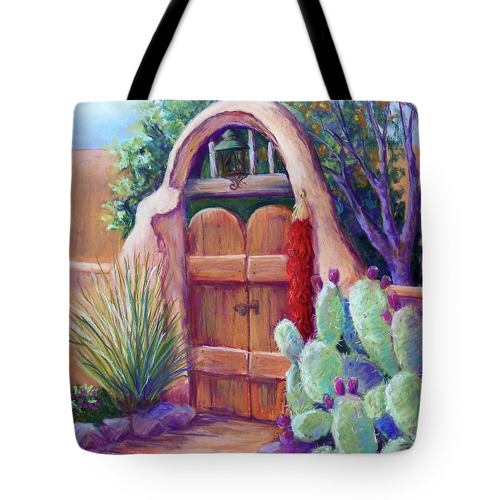 New Mexico Landscapes Tote Bag featuring the pastel Josefina's Gate by Candy Mayer