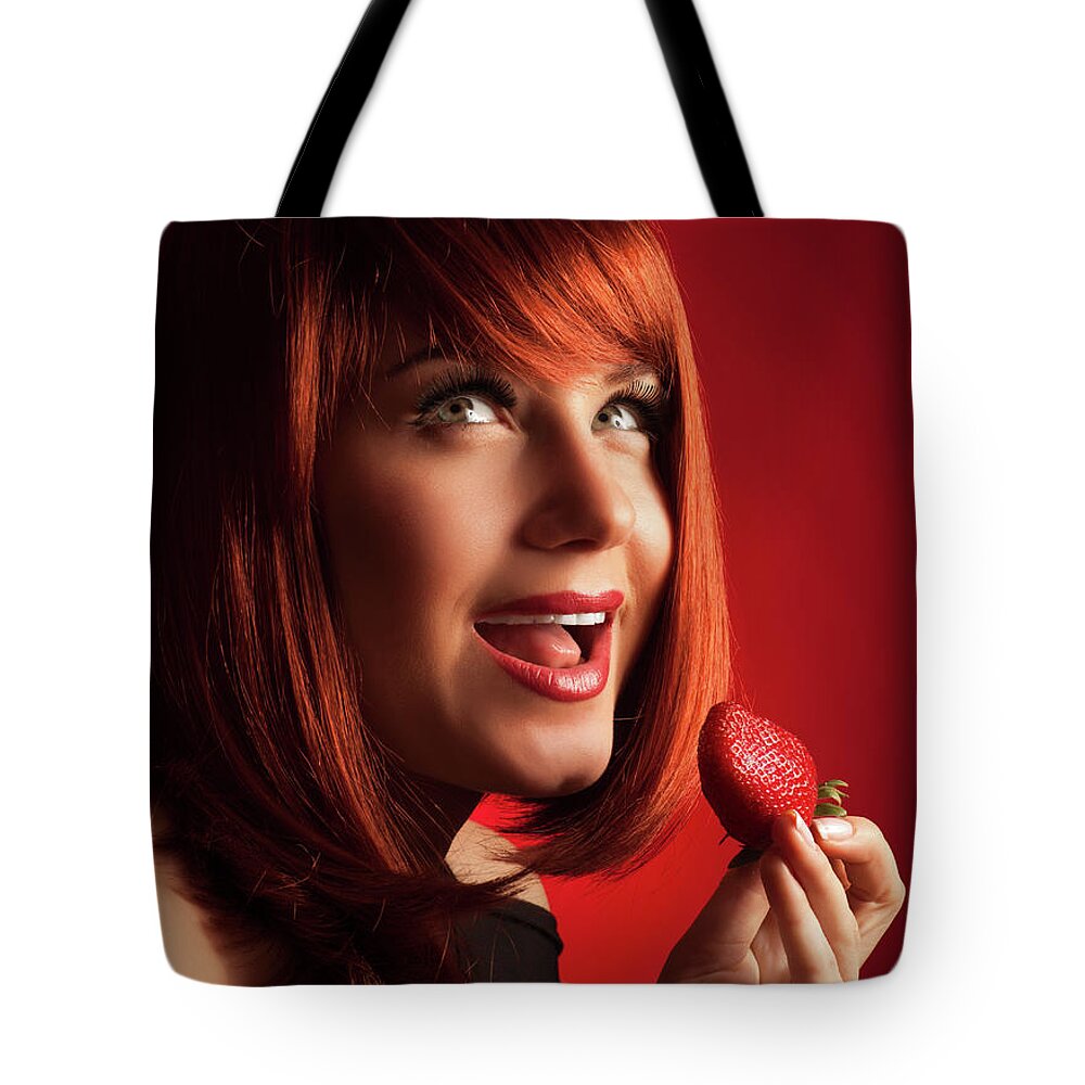 Adult Tote Bag featuring the photograph Joyful girl with strawberry by Anna Om