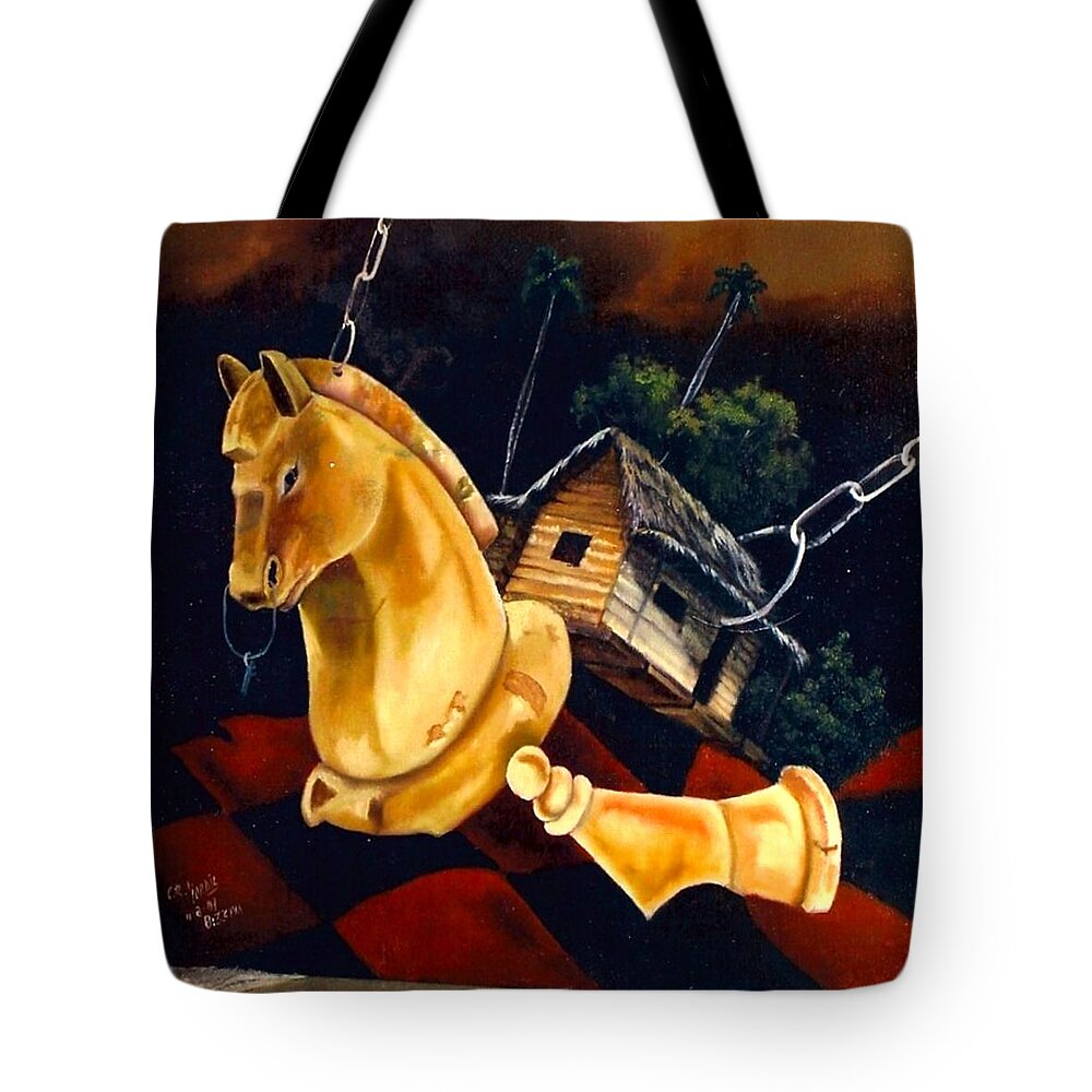 Chess Pieces Tote Bag featuring the painting Juego Fatal by Carlos Rodriguez