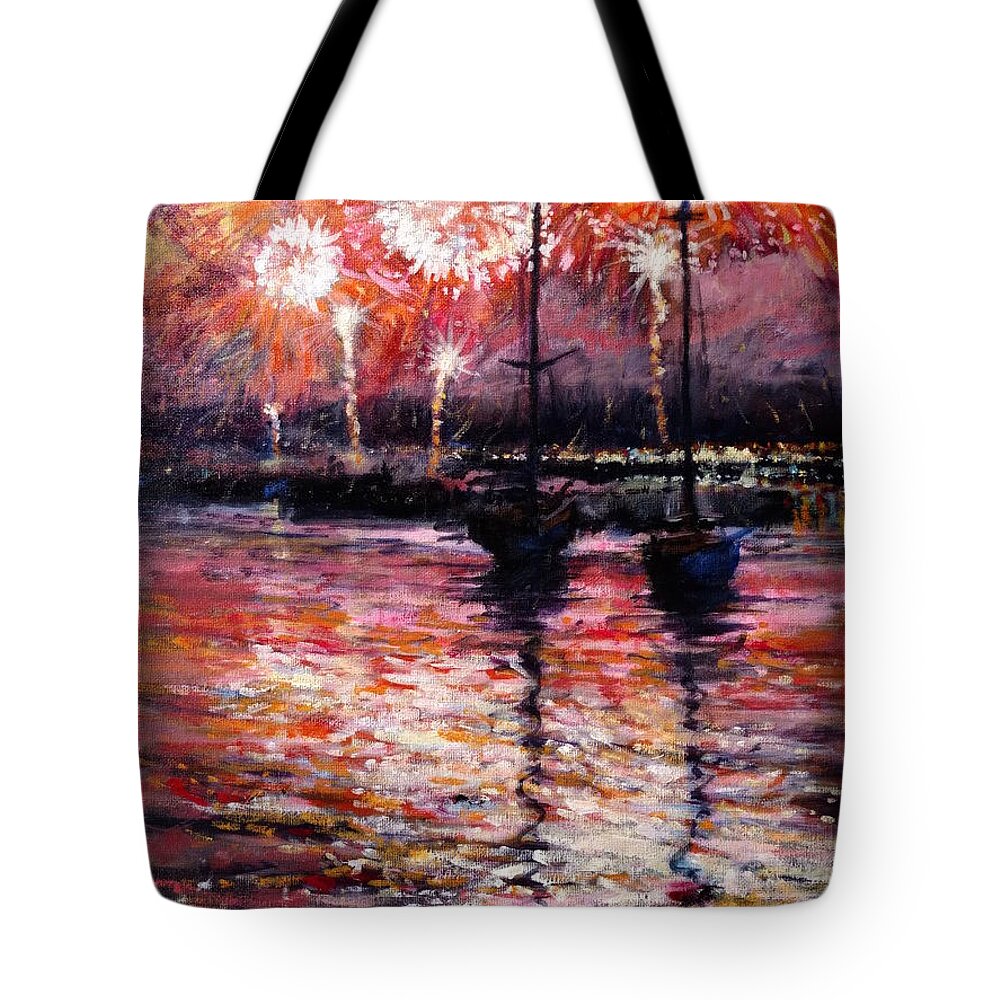 Fireworks Tote Bag featuring the painting July Fourth Fireworks on the Hudson by Peter Salwen