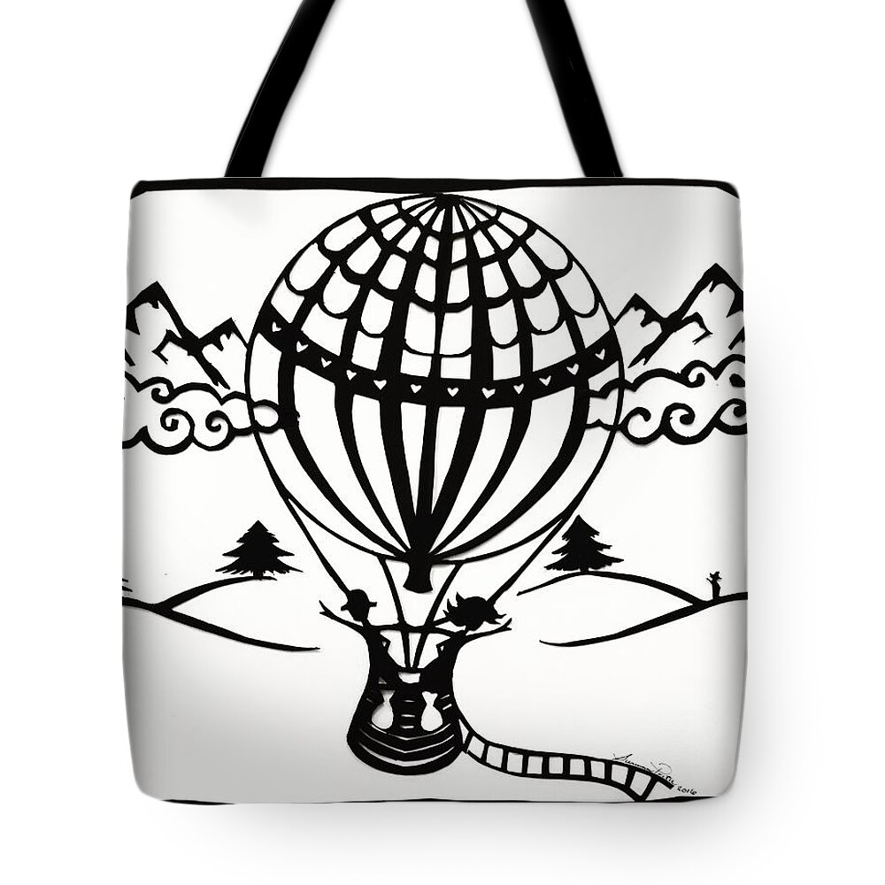 Hot Air Balloon Tote Bag featuring the drawing June in a Balloon by Summer Porter
