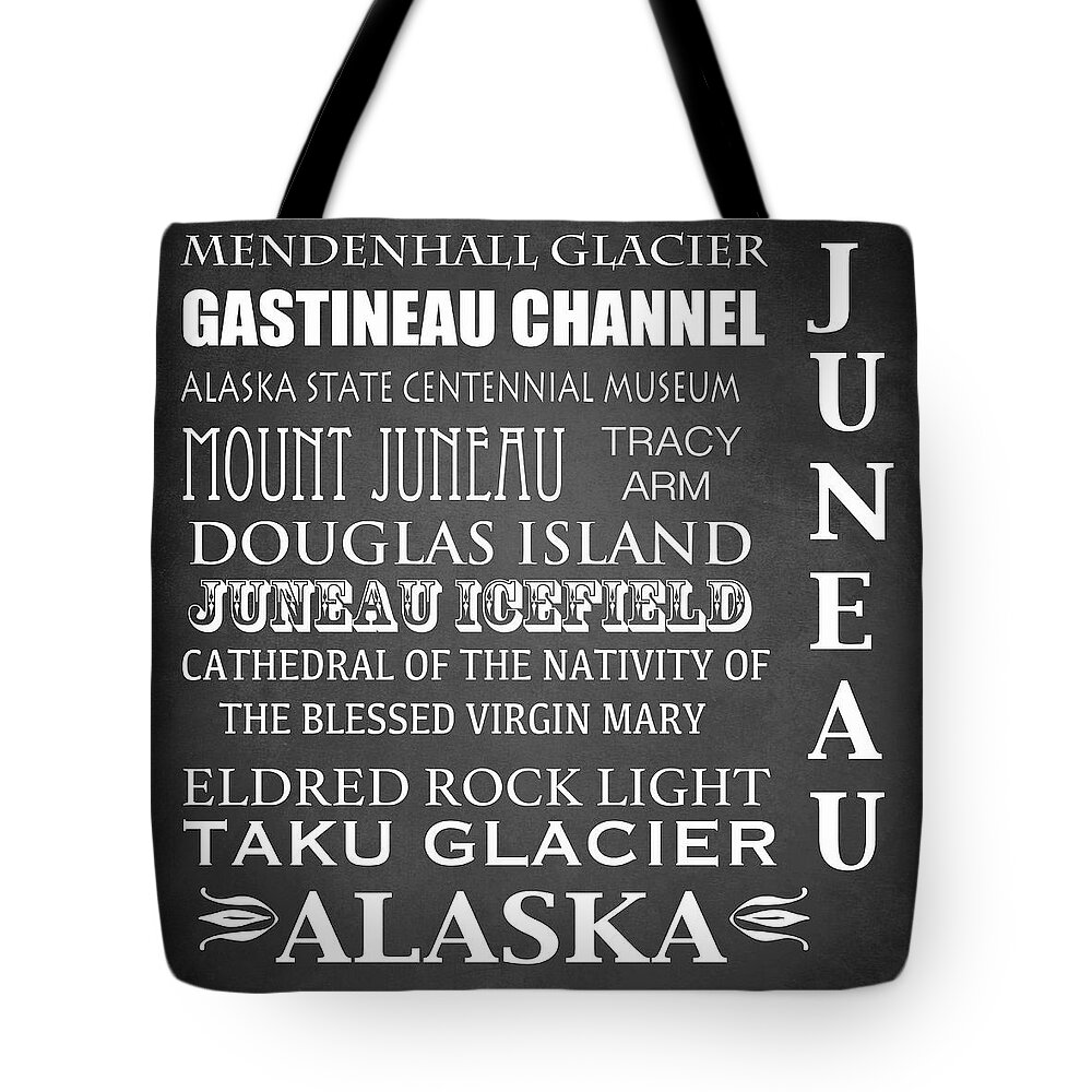 Juneau Tote Bag featuring the digital art Juneau Famous Landmarks by Patricia Lintner