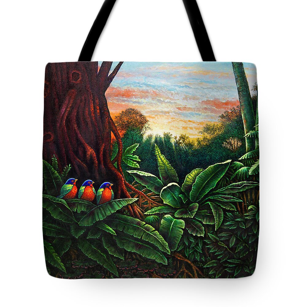 Birds Tote Bag featuring the painting Jungle Harmony 3 by Michael Frank
