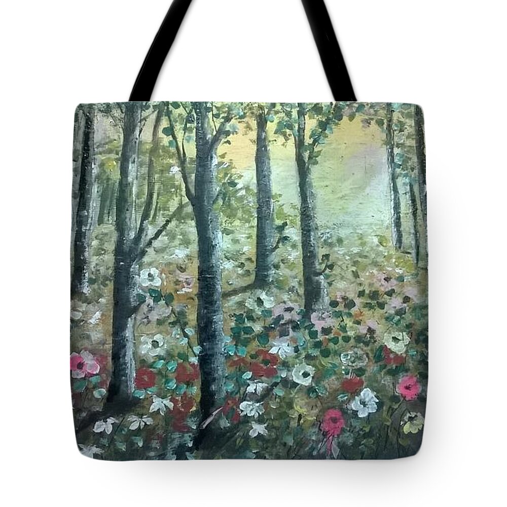 Jungle In Sun Rise Tote Bag featuring the painting Jungle reflection by Ahmad Almasri