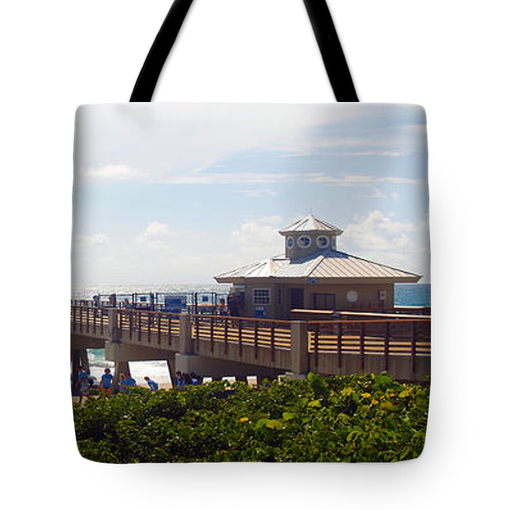 Beach Tote Bag featuring the photograph Juno Beach Pier Florida Seascape Collage 8 by Ricardos Creations