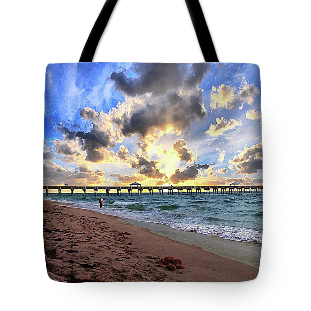 Aqua Tote Bag featuring the photograph Juno Beach Pier Florida Sunrise Seascape D7 3 by Ricardos Creations