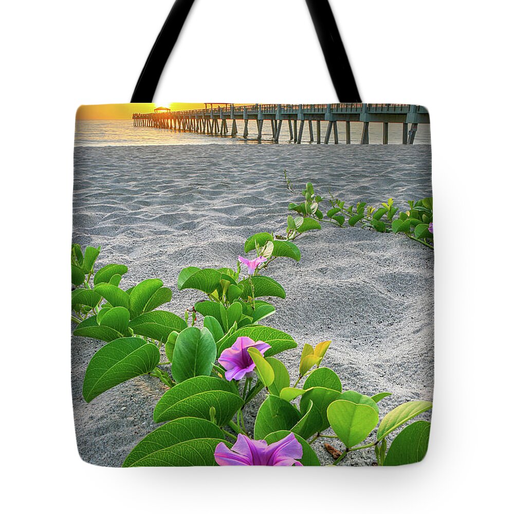 Juno Beach Tote Bag featuring the photograph Juno Beach Pier Purple Flowers by Kim Seng