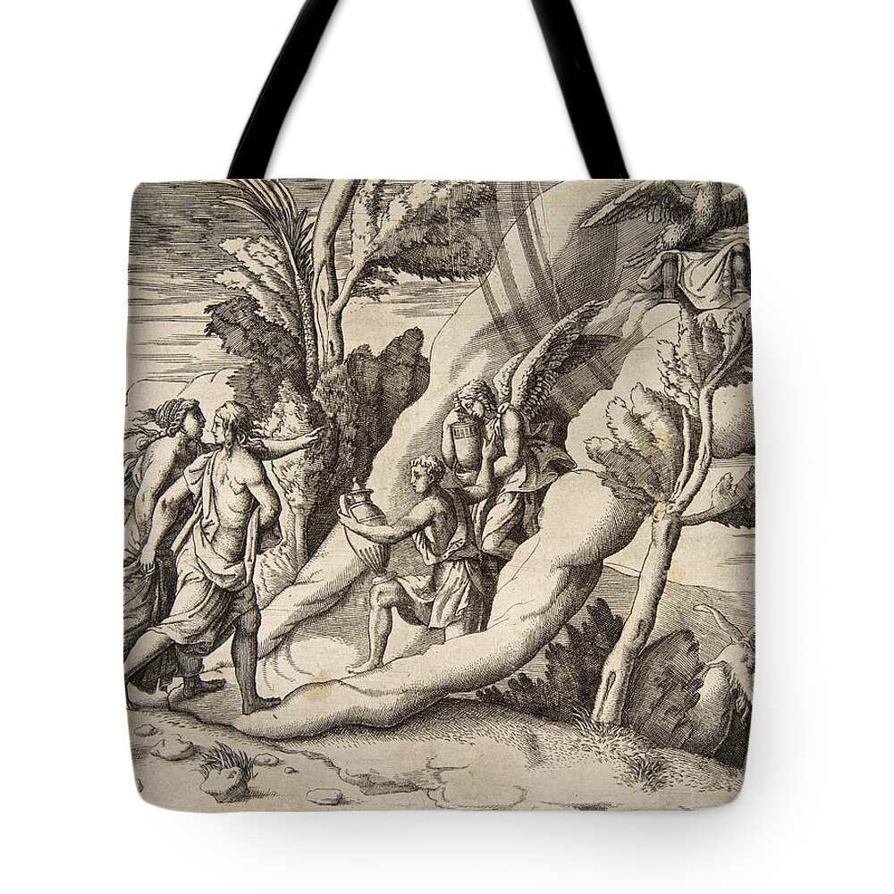 Giulio Bonasone Tote Bag featuring the drawing Jupiter and Juno being received in the heavens by Ganymede and Hebe by Giulio Bonasone