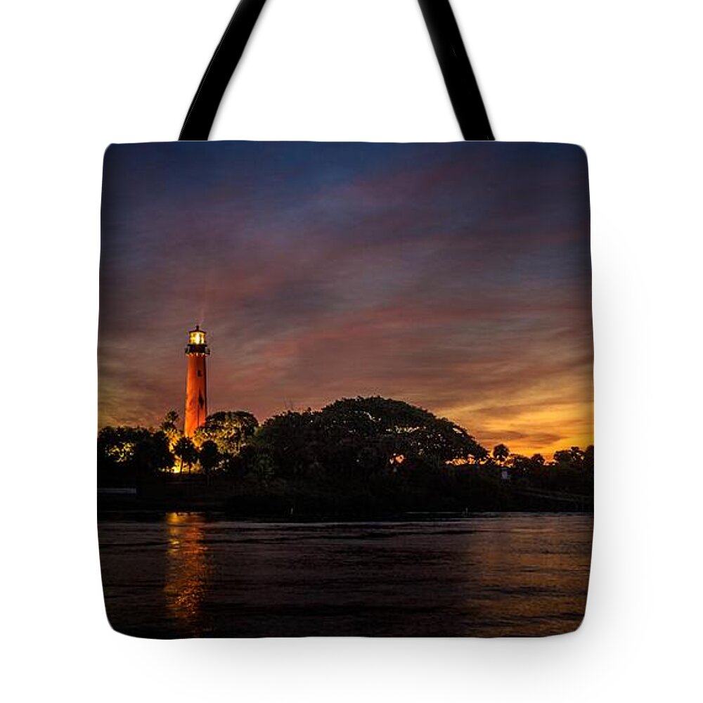 Sunrise Tote Bag featuring the photograph Jupiter Lighthouse Sunrise by Christopher Perez