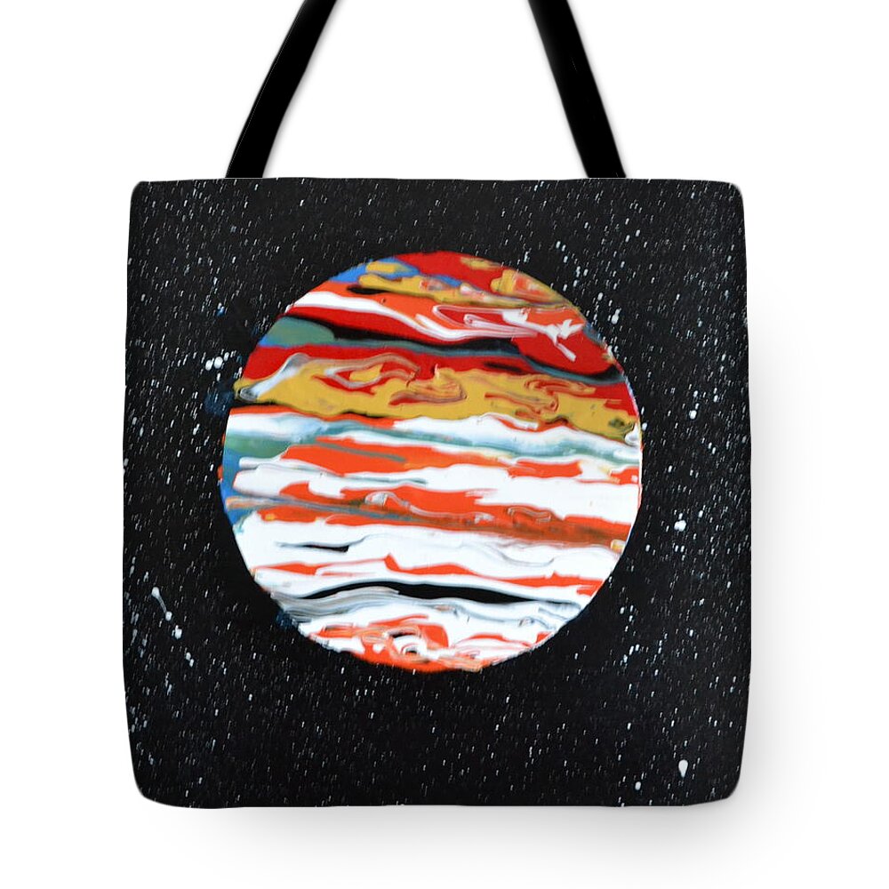 This Is A Abstract Painting Of The Planet Jupiter. The Flow Technique Was Used With Acrylic Colors. The Five Acrylic Colors Used Were Poured In A Circle Area Tilted To Get This Affect. The Distant White Stars Were Also Included In This Painting. Tote Bag featuring the painting Jupiter by Martin Schmidt