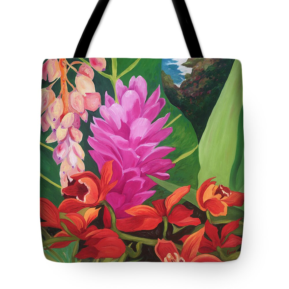 Maui Flowers Tote Bag featuring the painting Jurassic Ginger by Cathy Carey