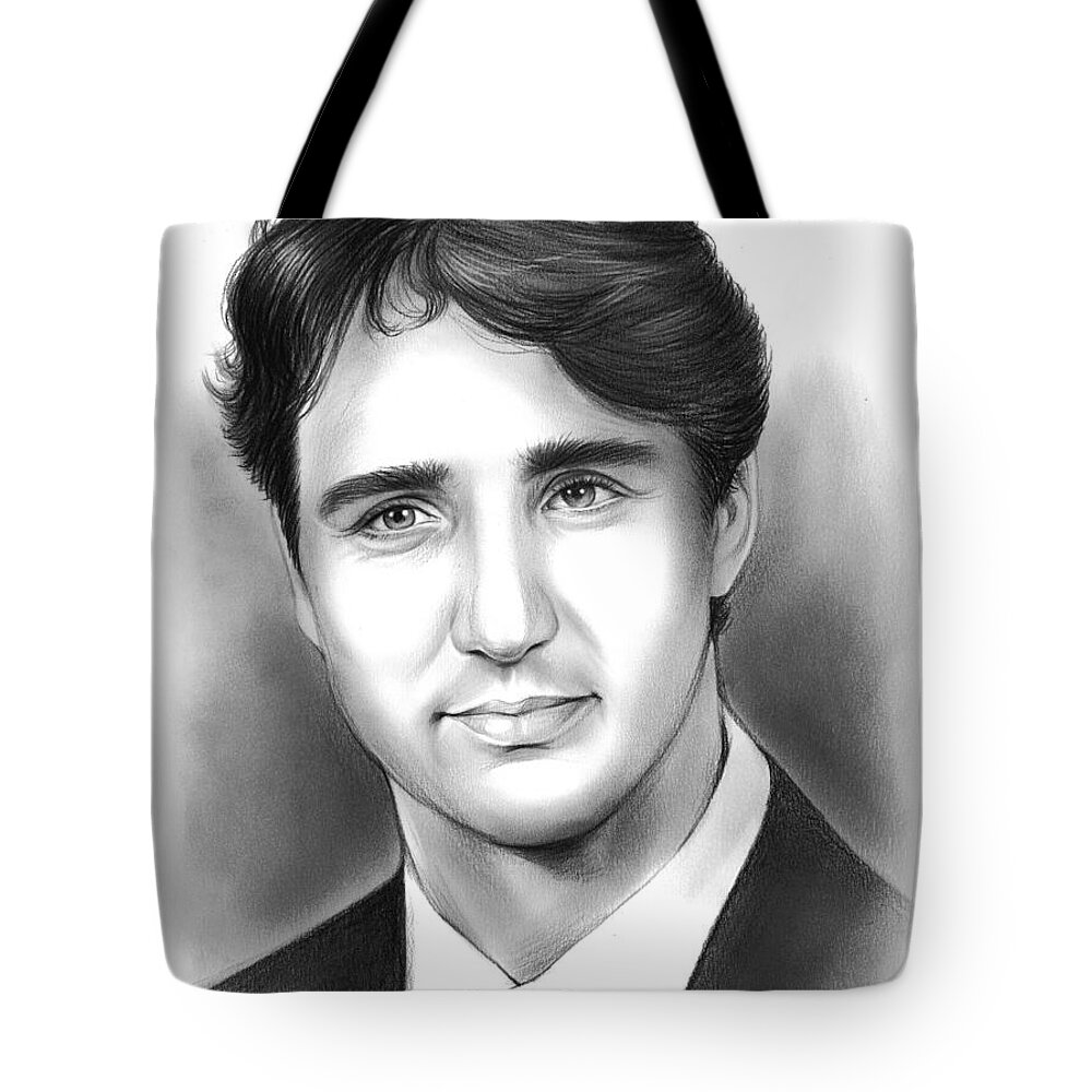 Justin Trudeau Tote Bag featuring the drawing Justin Pierre James Trudeau by Greg Joens