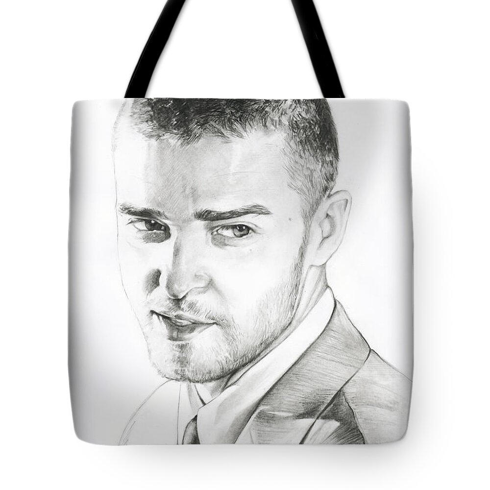 Lin Petershagen Tote Bag featuring the drawing Justin Timberlake Drawing by Lin Petershagen