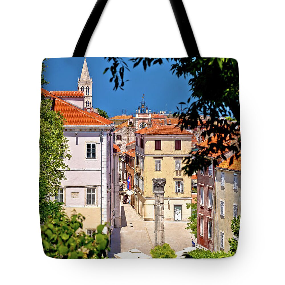Zadar Tote Bag featuring the photograph Kalelarga and historic Zadar landmarks view through green frame by Brch Photography