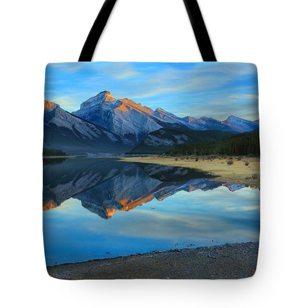 Spray Lake Tote Bag featuring the photograph Kananaskis Sunkissed Mountains by Adam Jewell